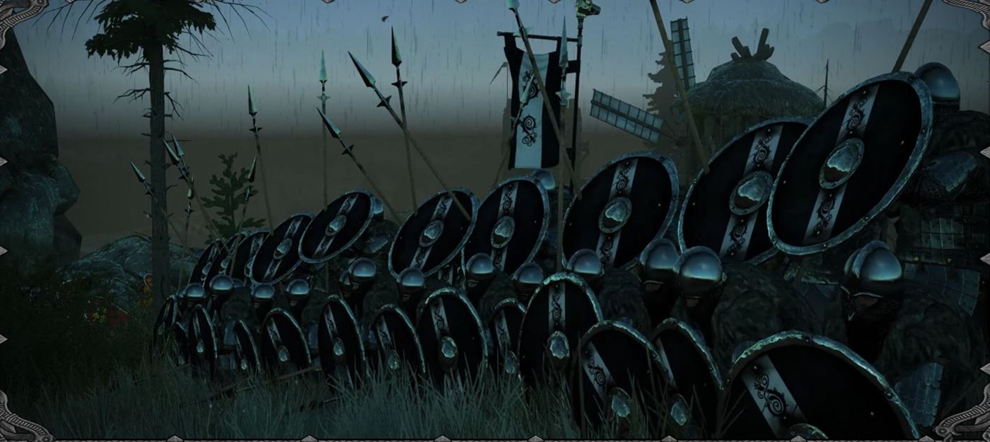 Shieldwall in the rain at night